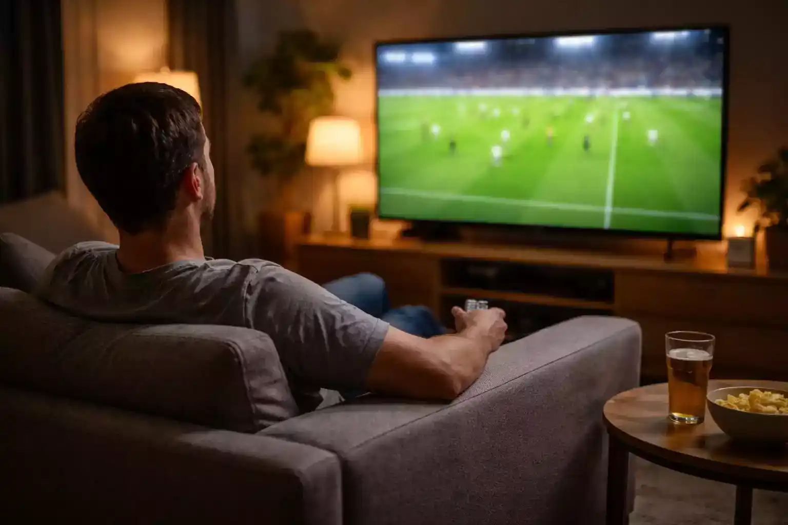 Aficionado viendo un partido de fútbol en televisión desde el sofá de casa