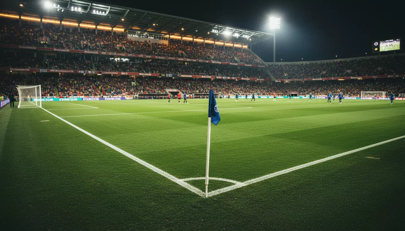 Estadio de fútbol iluminado con campo verde y gradas llenas de aficionados