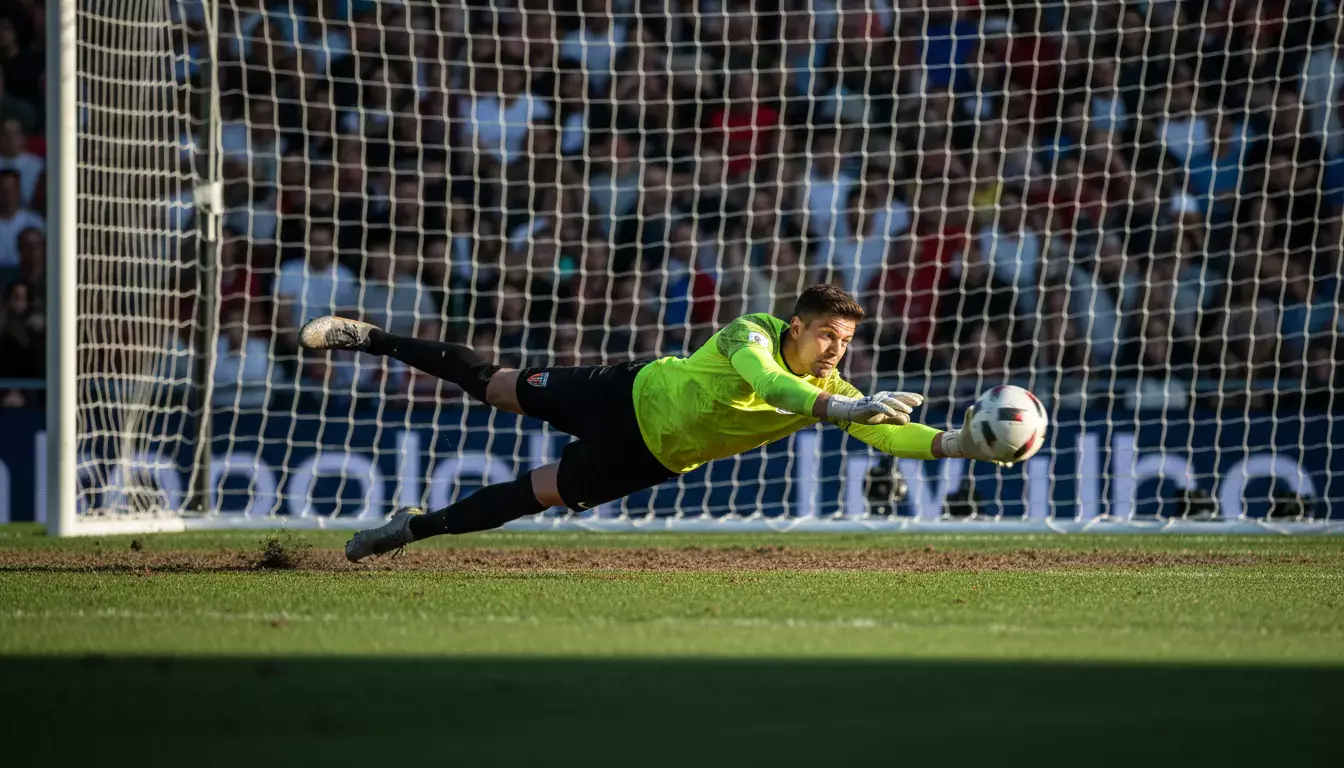 Portero de fútbol lanzándose para atrapar el balón durante un partido