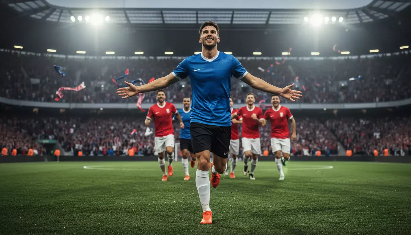 Jugador de fútbol celebrando un gol con los brazos abiertos frente a la grada