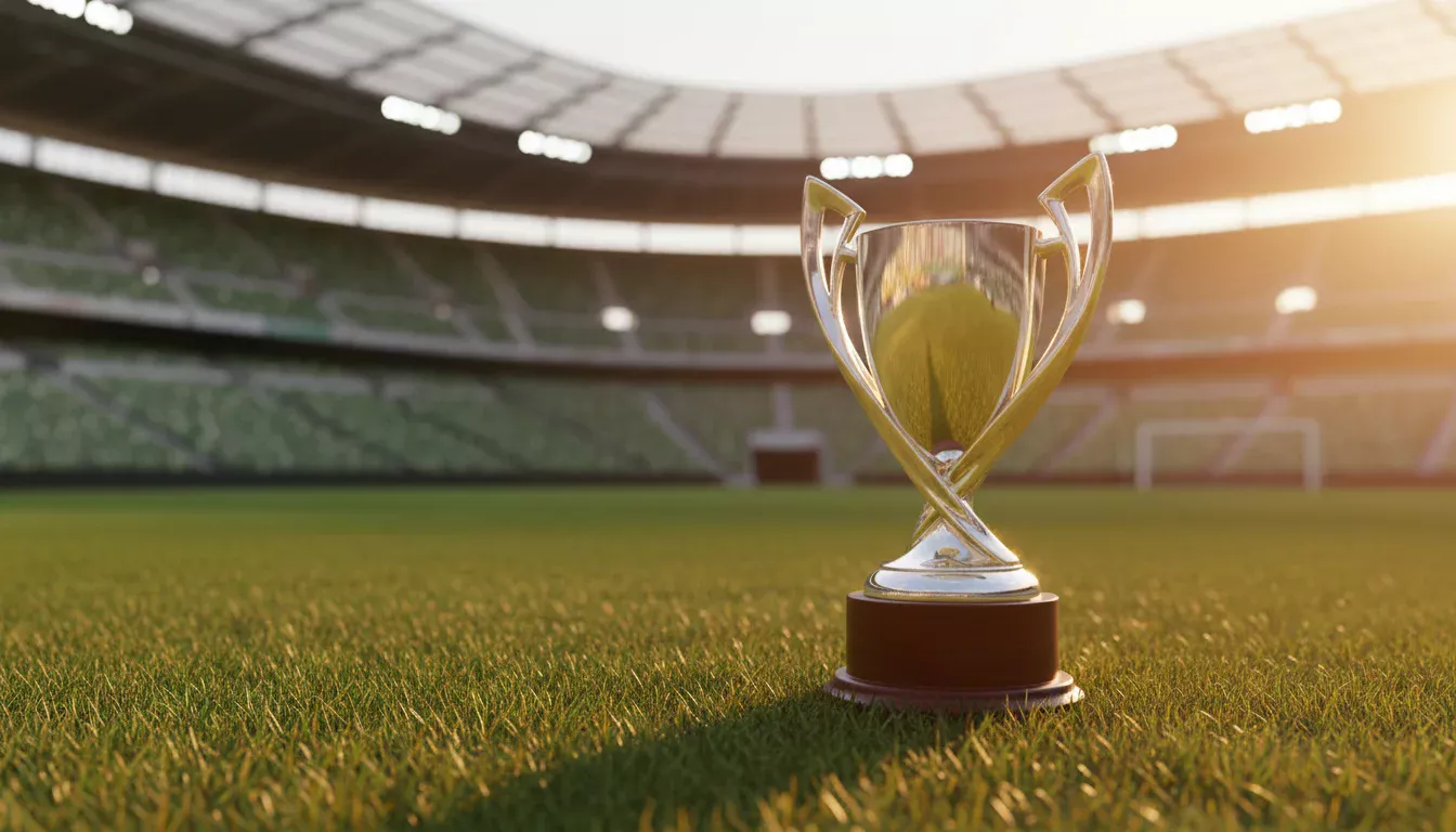 Trofeo de campeón de liga sobre un pedestal con césped de fútbol al fondo