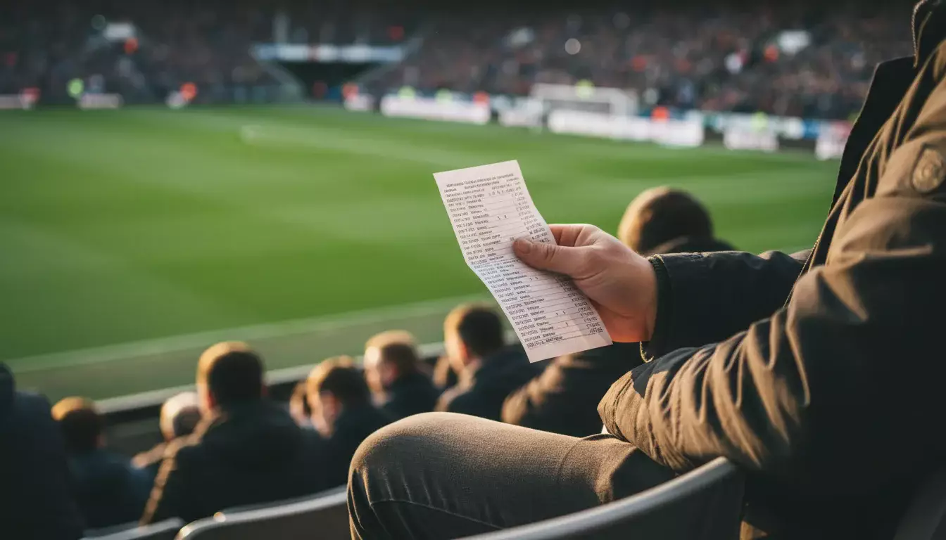 Mano de un aficionado sosteniendo un boleto de apuestas en la grada de un estadio