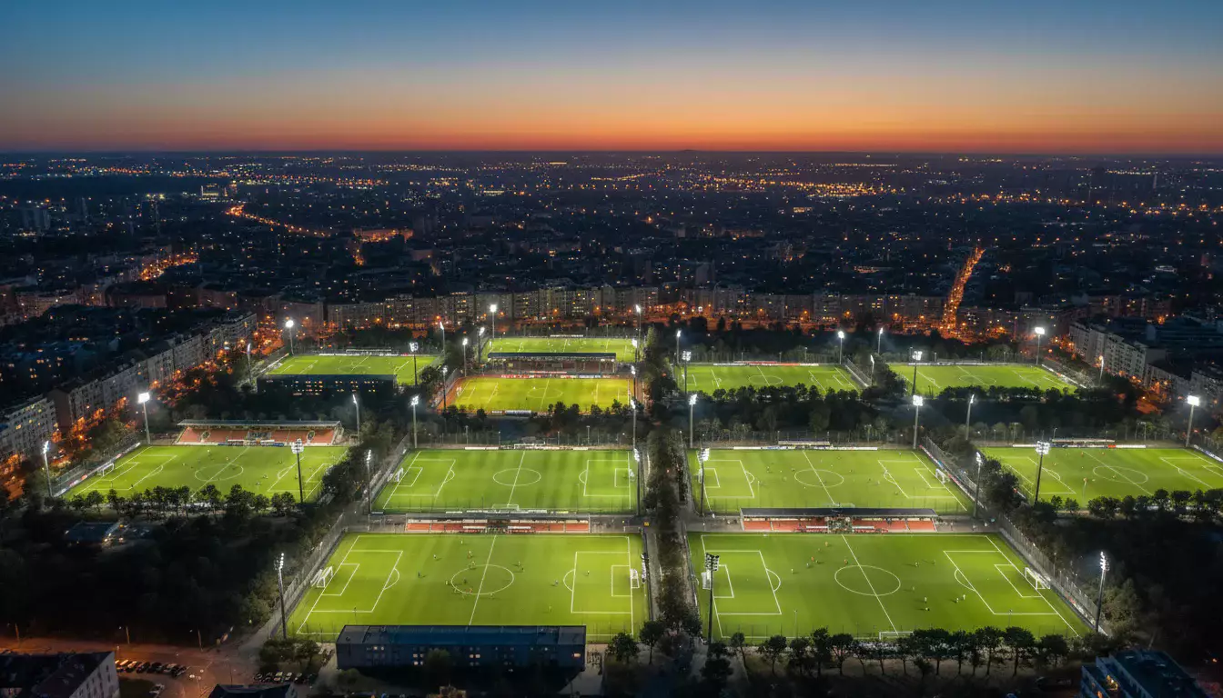 Vista panorámica de varios campos de fútbol iluminados en una ciudad al anochecer