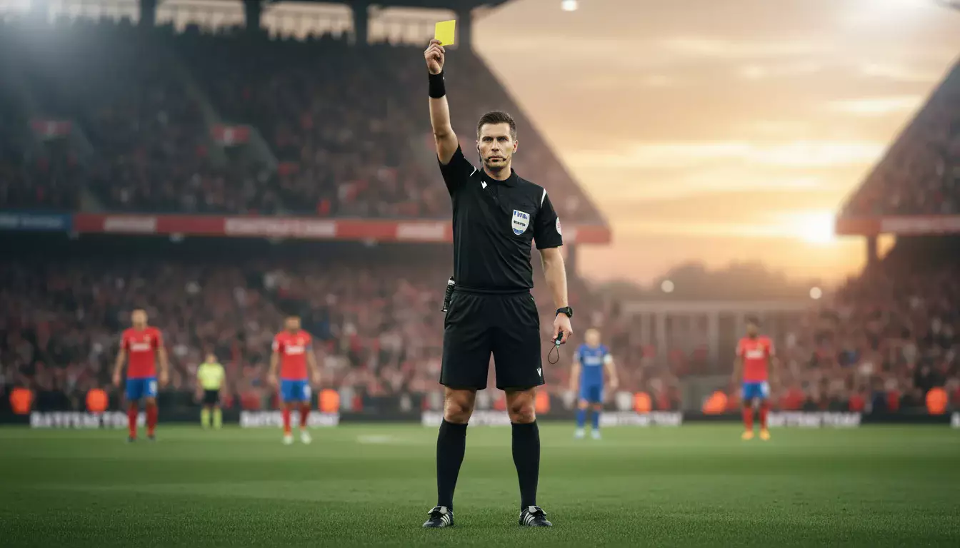 Árbitro de fútbol mostrando una tarjeta amarilla durante un partido en un estadio lleno de aficionados