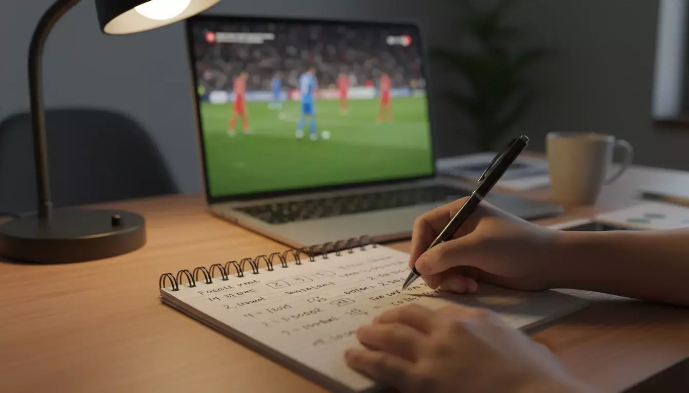 Persona analizando estadísticas de fútbol en un cuaderno con un partido de fútbol proyectado al fondo