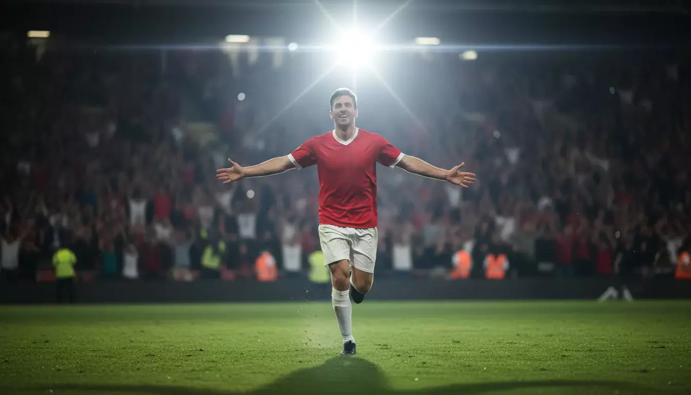 Delantero de fútbol celebrando un gol con los brazos abiertos en un estadio iluminado