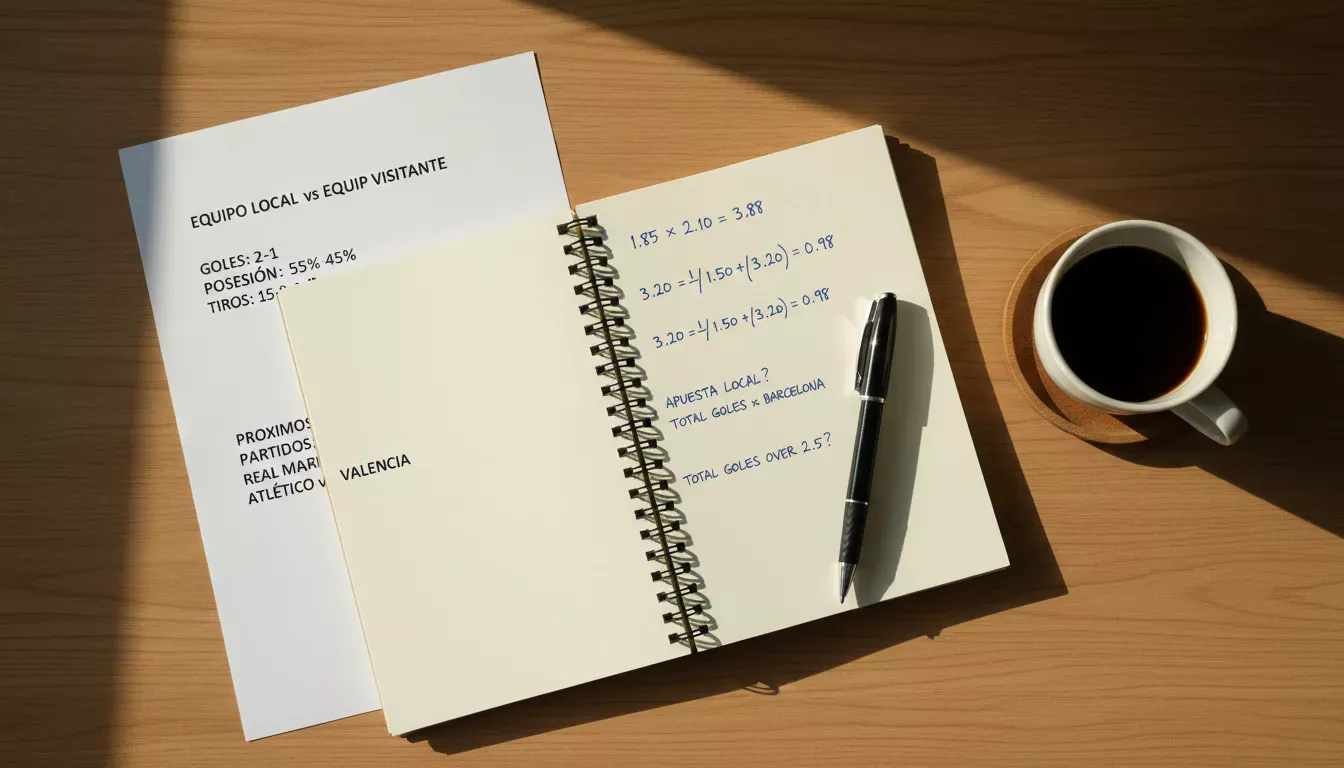 Persona analizando estadísticas de fútbol con documentos y notas sobre una mesa