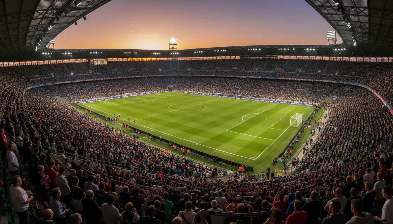 Panorámica de un gran estadio de fútbol europeo lleno de aficionados bajo un cielo al atardecer
