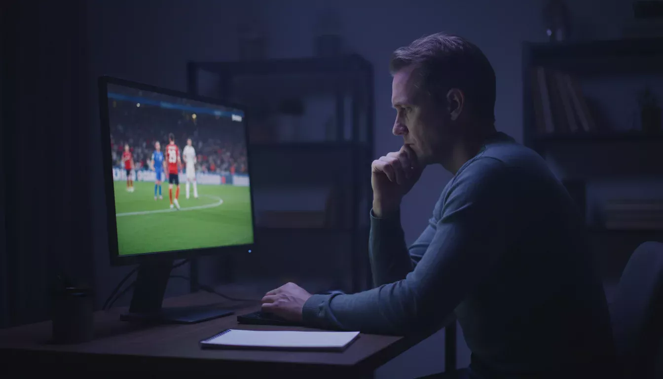 Mano de una persona frente a una pantalla con un partido de fútbol, gesto de reflexión y duda