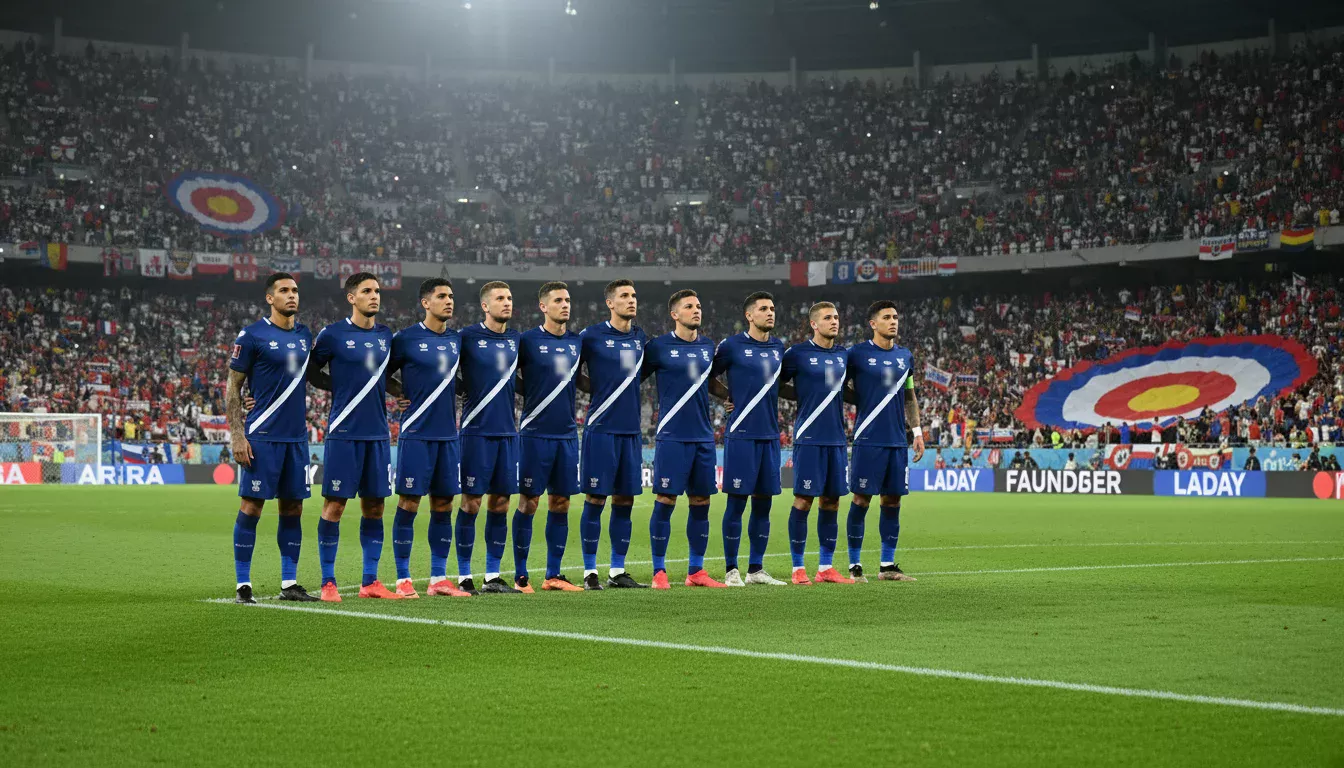 Selecciones nacionales de fútbol formadas en fila durante un himno antes de un partido en un gran estadio