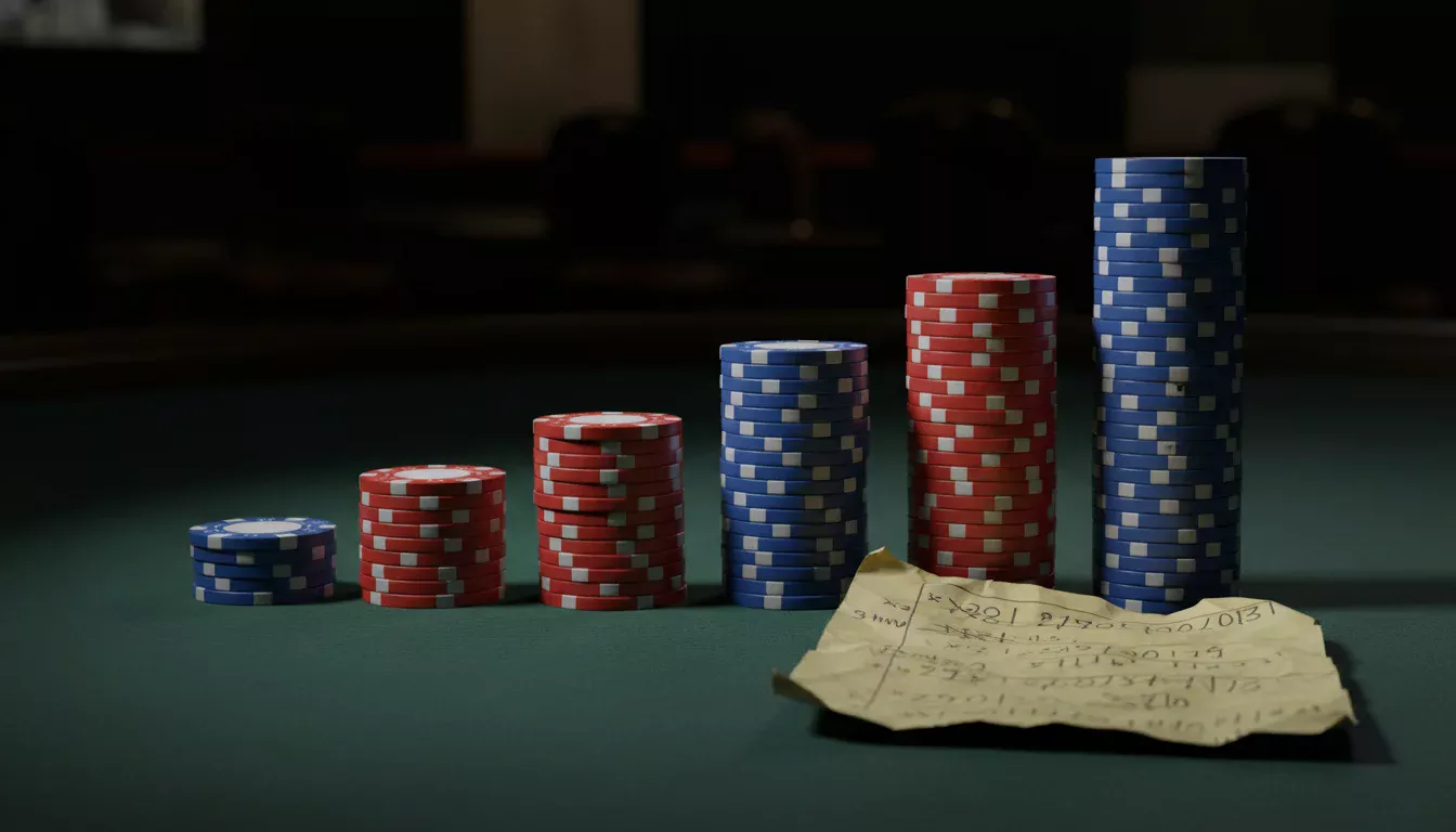 Fichas de apuestas apiladas en orden creciente sobre una mesa con una hoja de anotaciones al lado