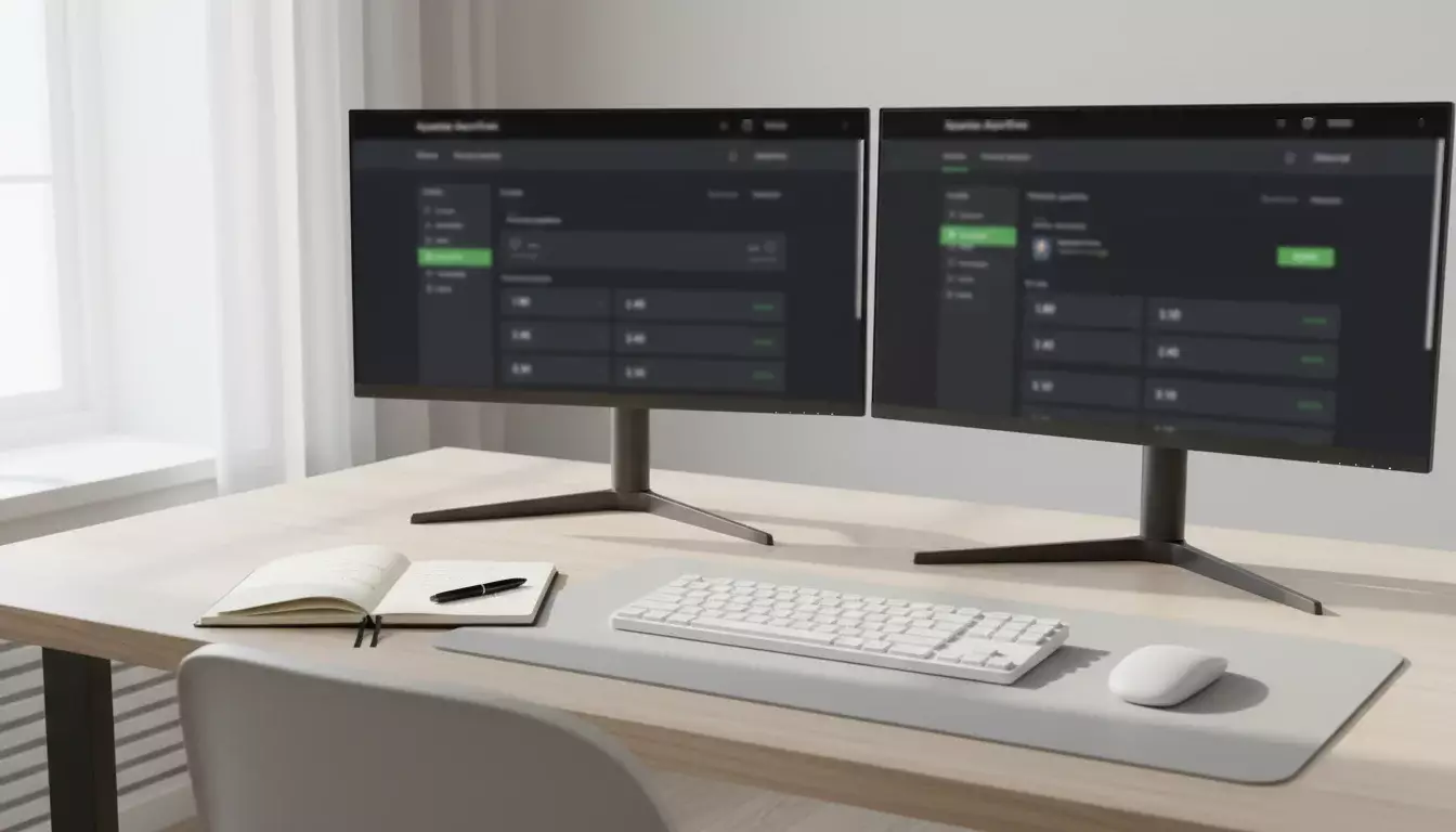 Persona trabajando con dos pantallas mostrando plataformas de apuestas deportivas en un escritorio ordenado