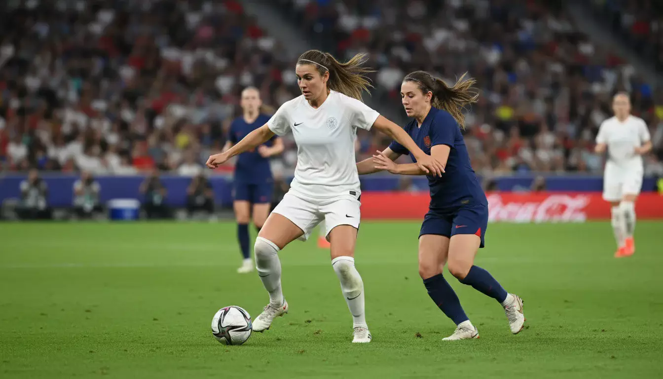 Jugadora de fútbol femenino disputando un balón en un estadio profesional con césped natural