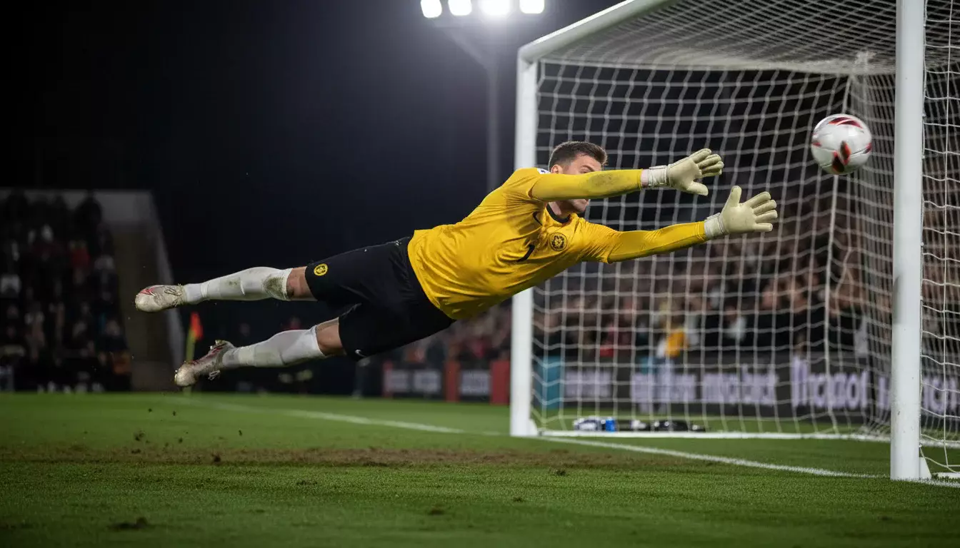 Portero de fútbol intentando detener un disparo a puerta bajo los focos de un estadio nocturno