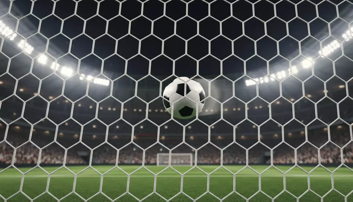 Balón de fútbol entrando en la red de una portería visto desde dentro de la portería