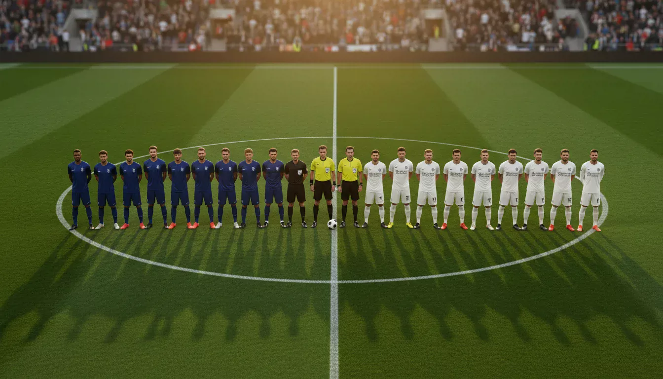 Dos equipos de fútbol enfrentados en el centro del campo antes del saque inicial
