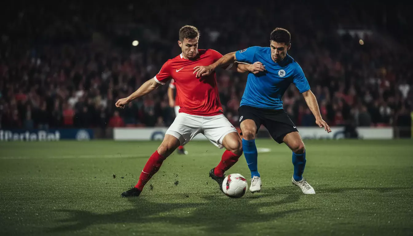 Jugadores de fútbol disputando el balón durante un partido nocturno bajo focos intensos