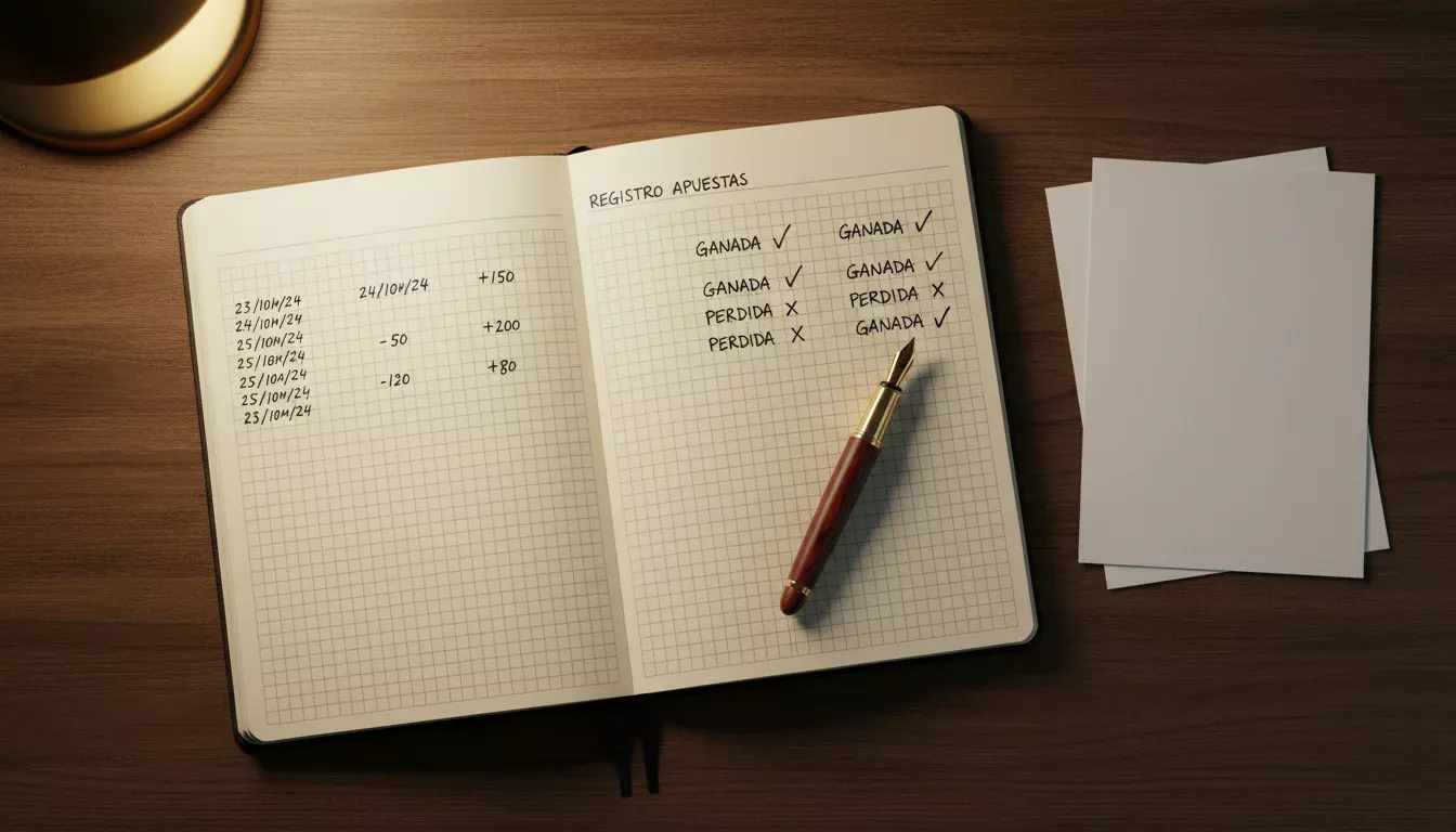 Cuaderno abierto con anotaciones de apuestas y un bolígrafo sobre un escritorio ordenado