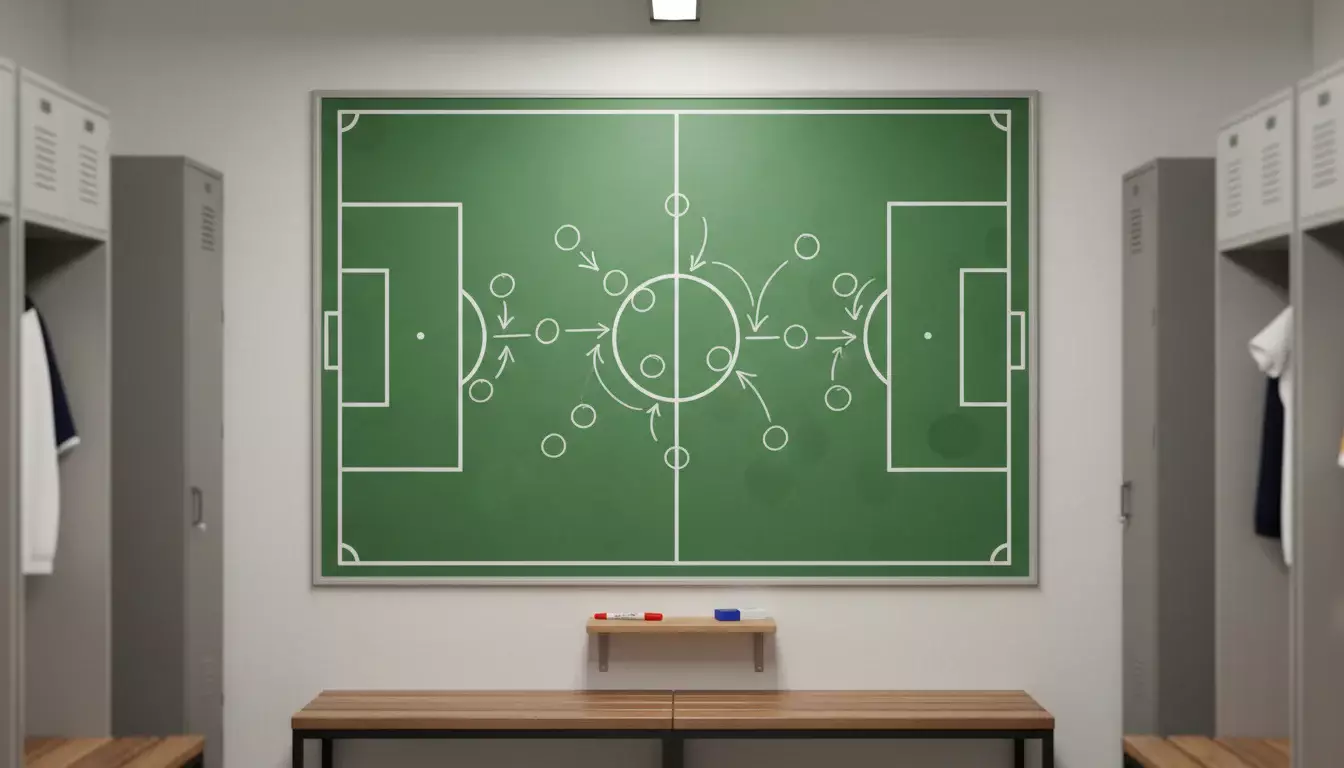 Pizarra táctica de fútbol con formaciones y flechas dibujadas en un vestuario