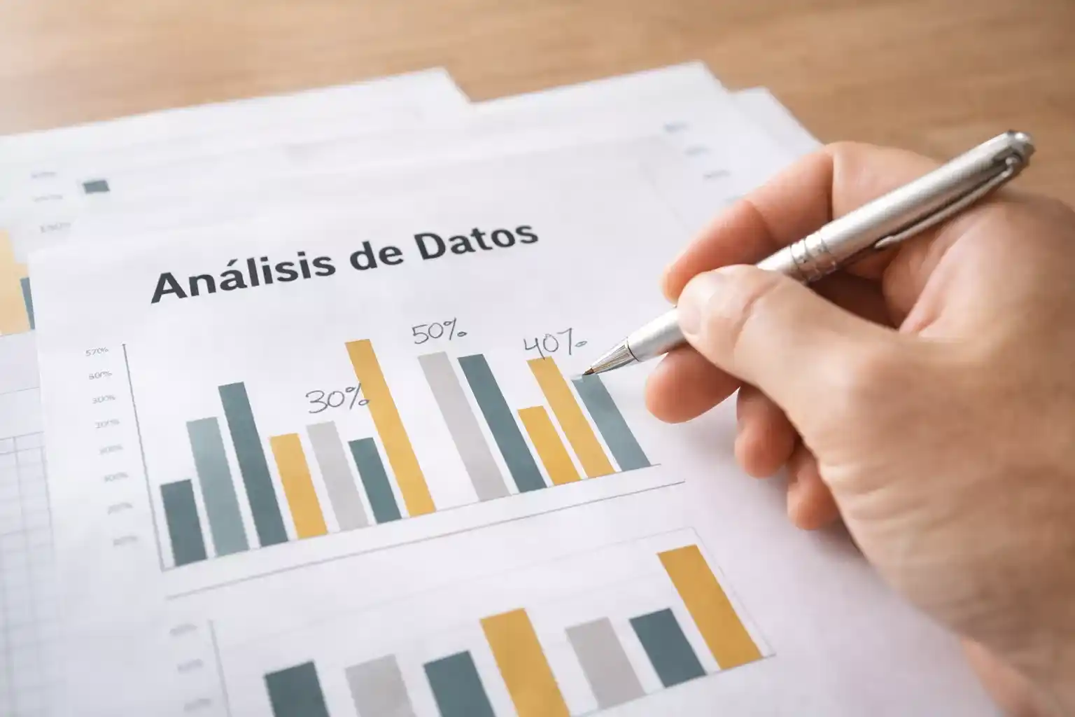 Mano sosteniendo un bolígrafo sobre documentos con gráficos de barras simples