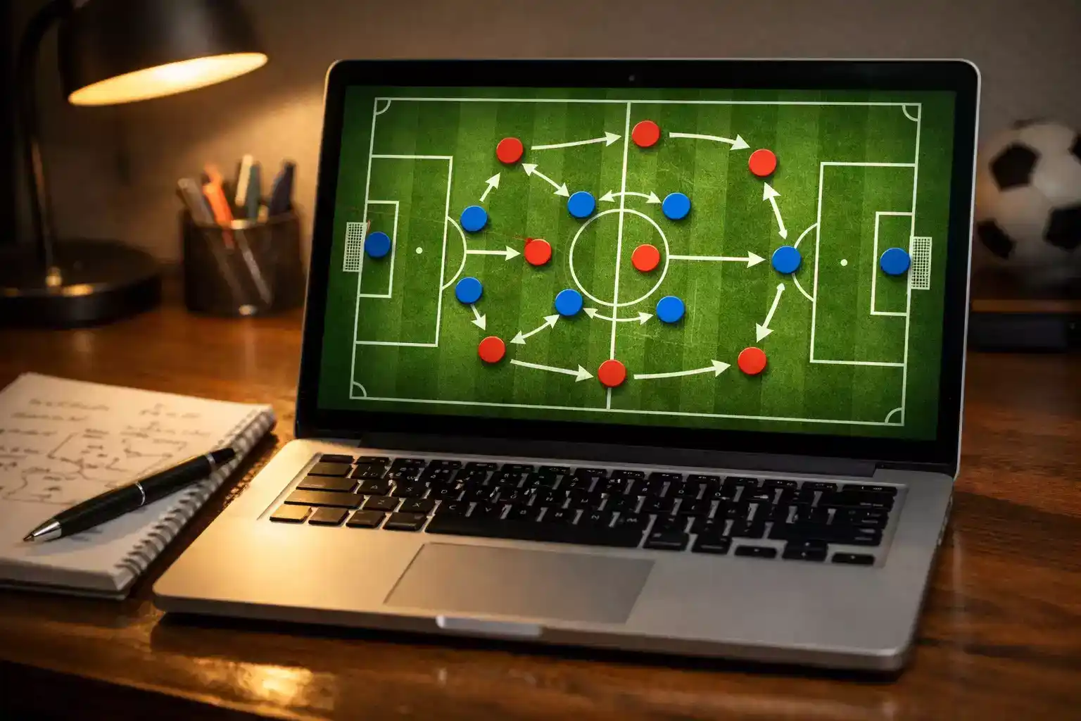 Portátil mostrando una pizarra táctica de fútbol con formación de equipos