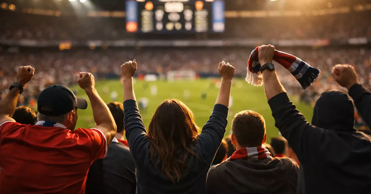 Aficionados viendo partido de fútbol en vivo en estadio con marcador electrónico