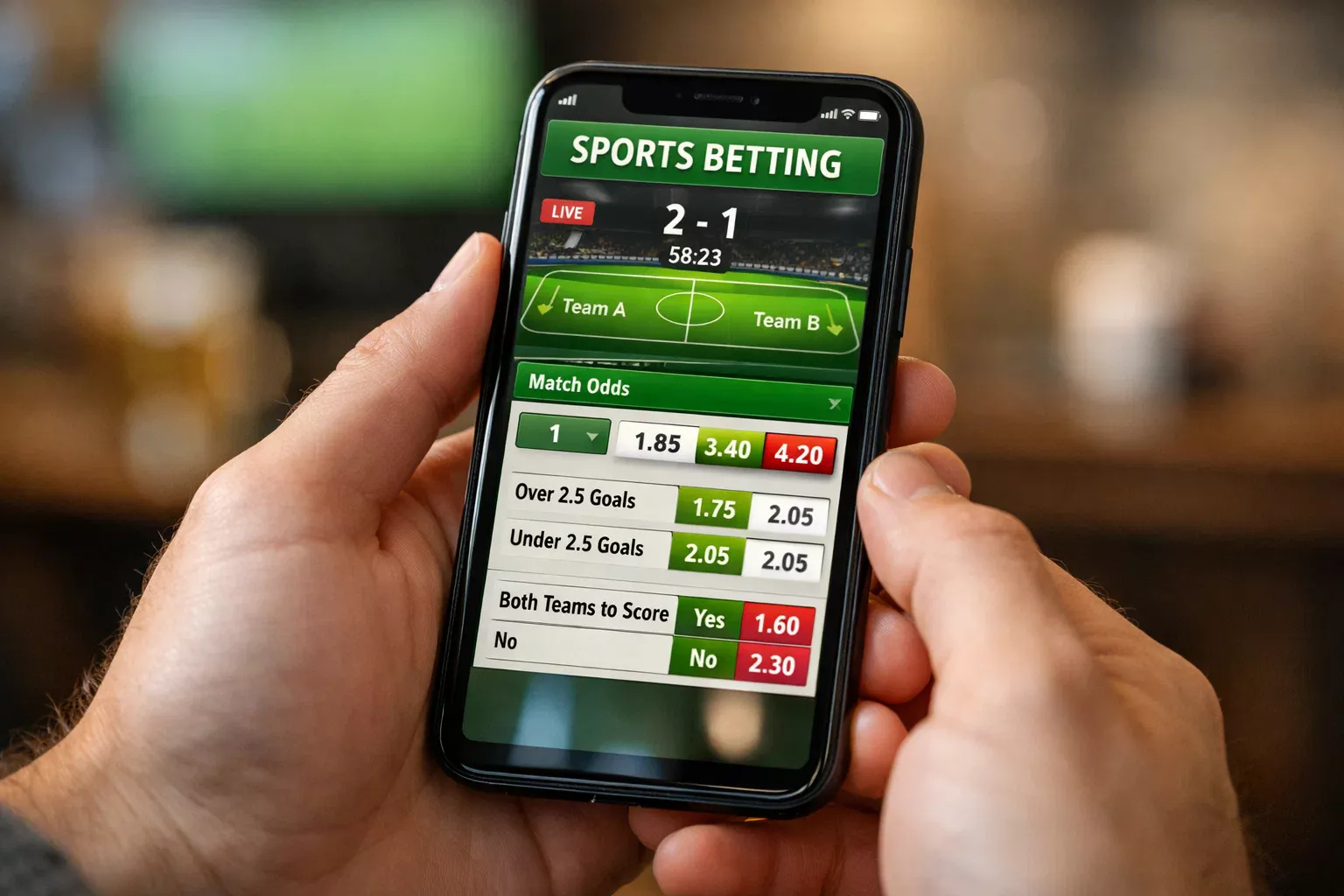 Pantalla de smartphone mostrando cuotas de apuestas en directo durante partido