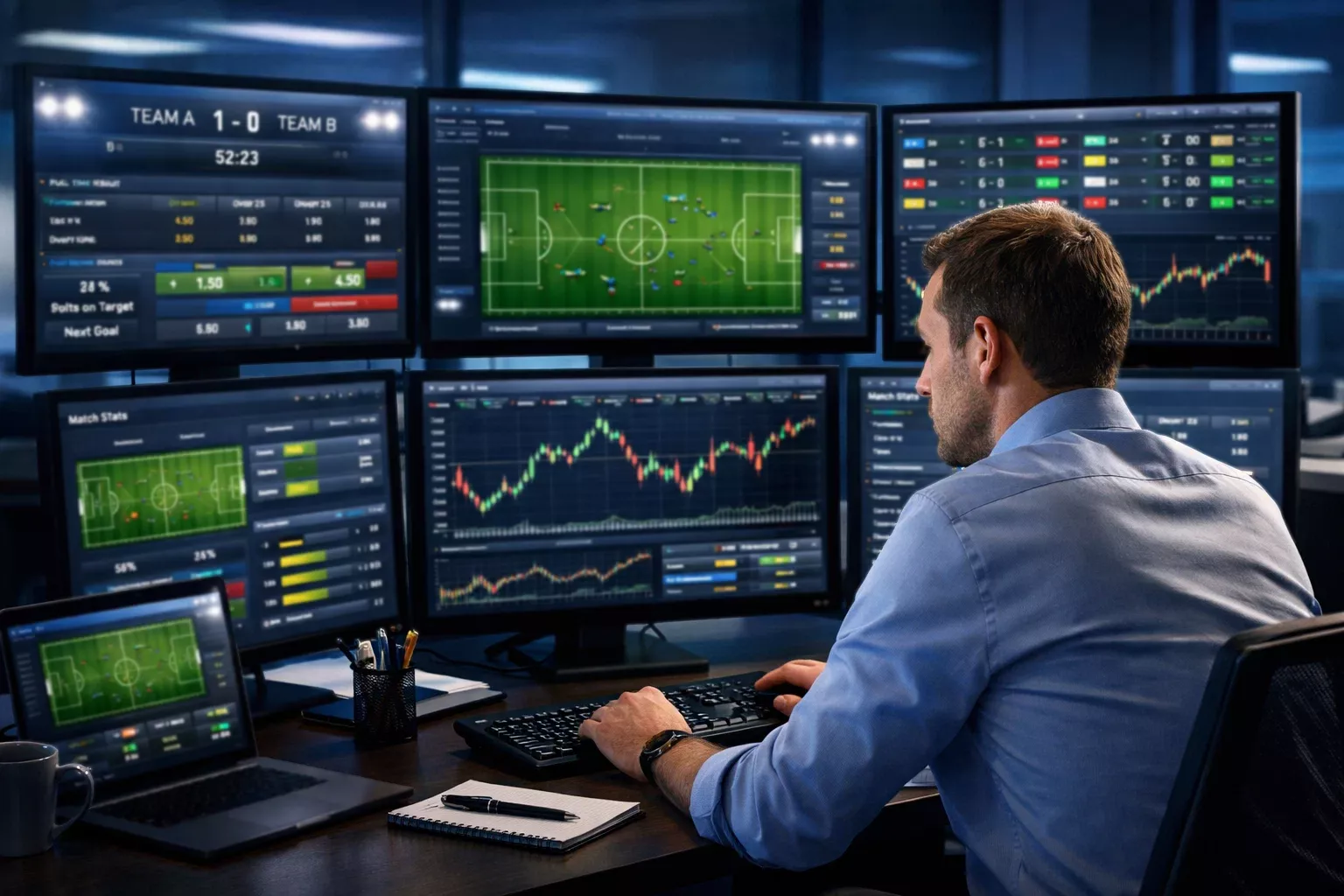 Trader de apuestas deportivas analizando múltiples pantallas con estadísticas de fútbol