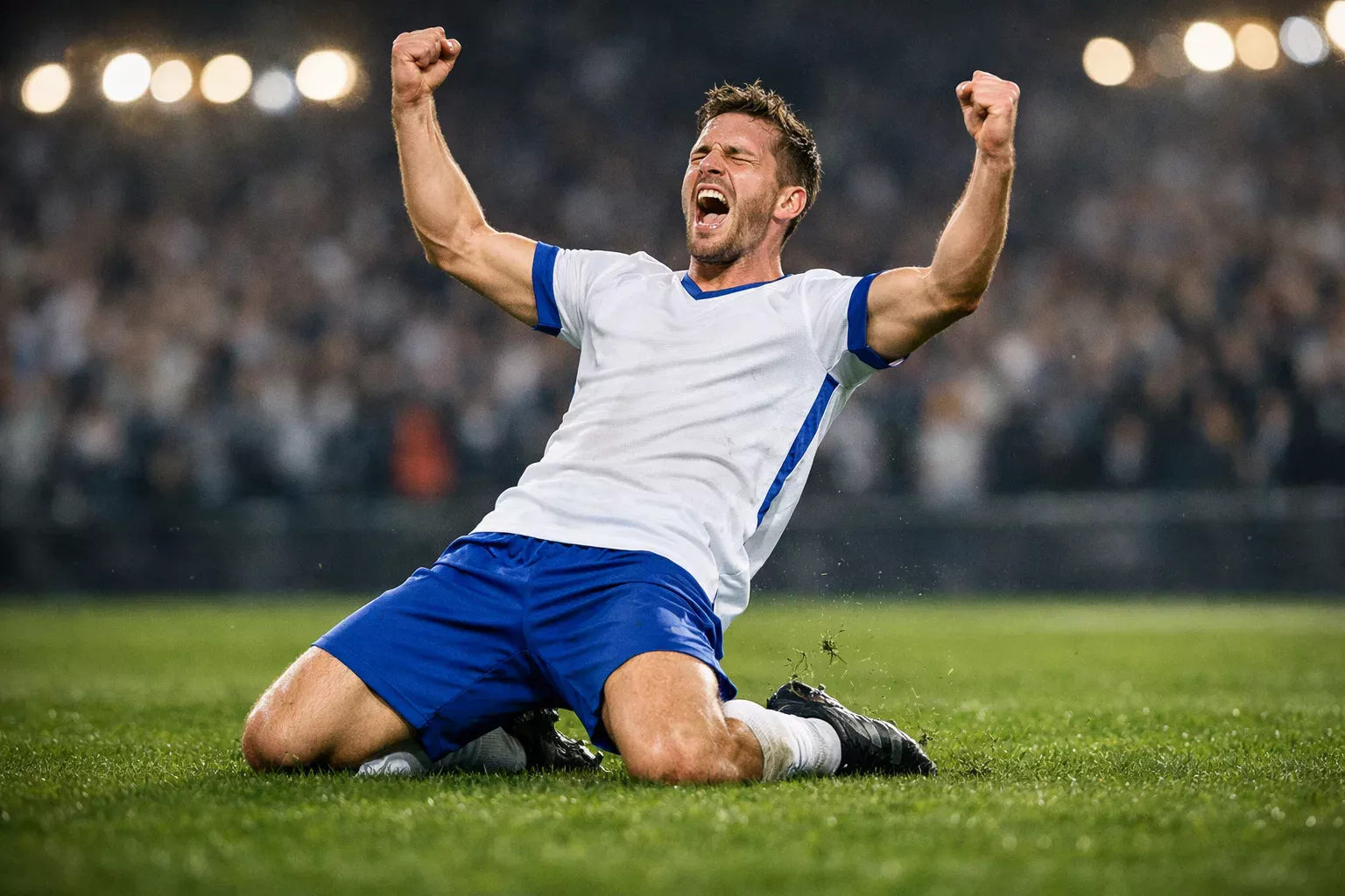 Jugador de fútbol celebrando gol en campo de césped natural con público de fondo