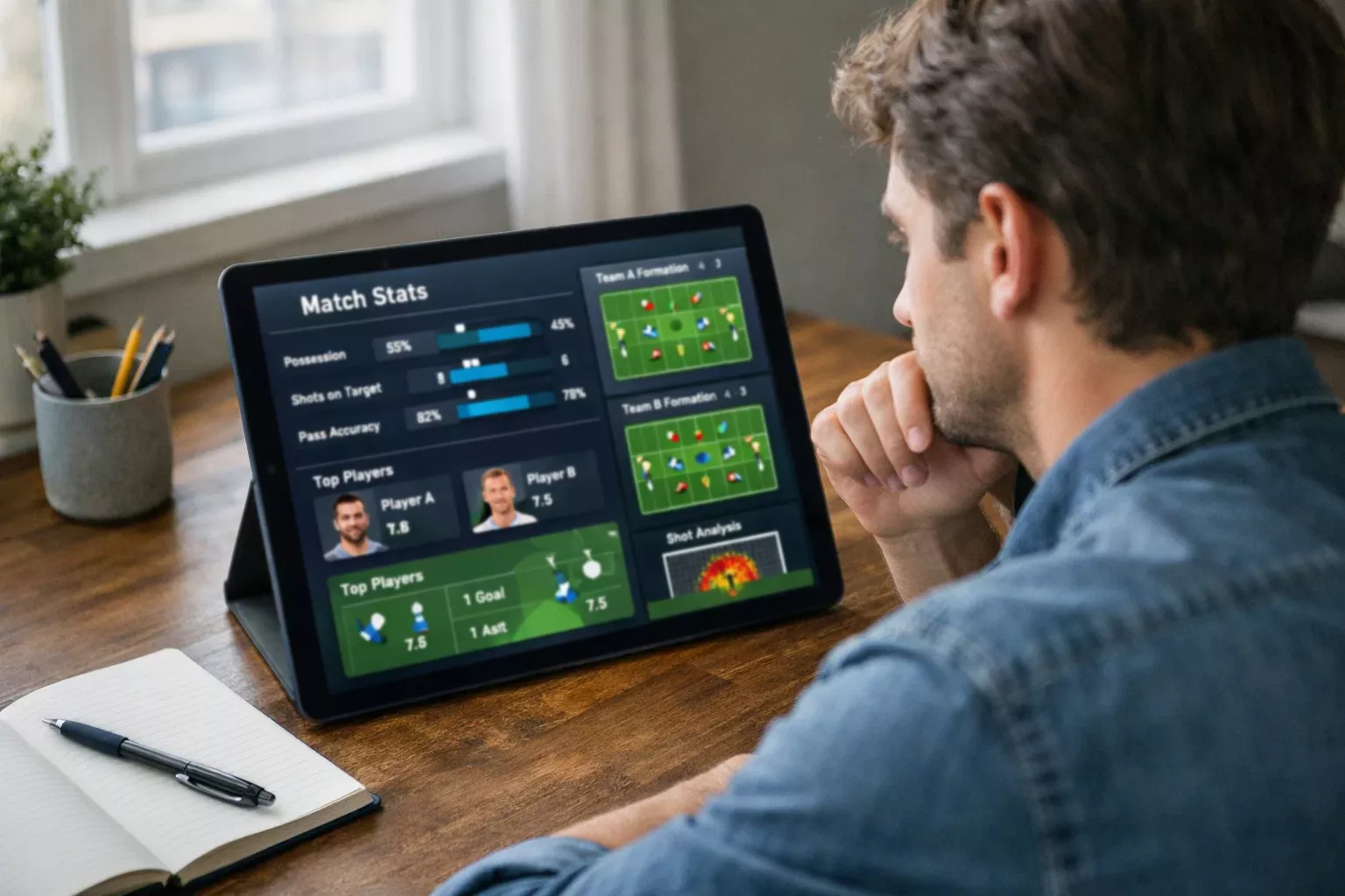 Persona analizando estadísticas de partido de fútbol en tablet antes de apostar
