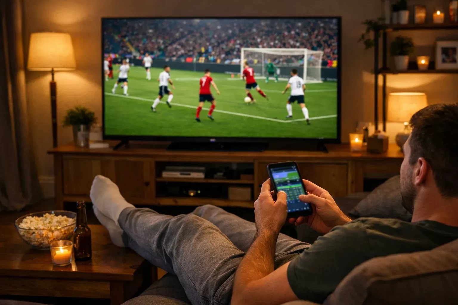 Aficionado viendo partido de fútbol en televisión con aplicación de apuestas en móvil