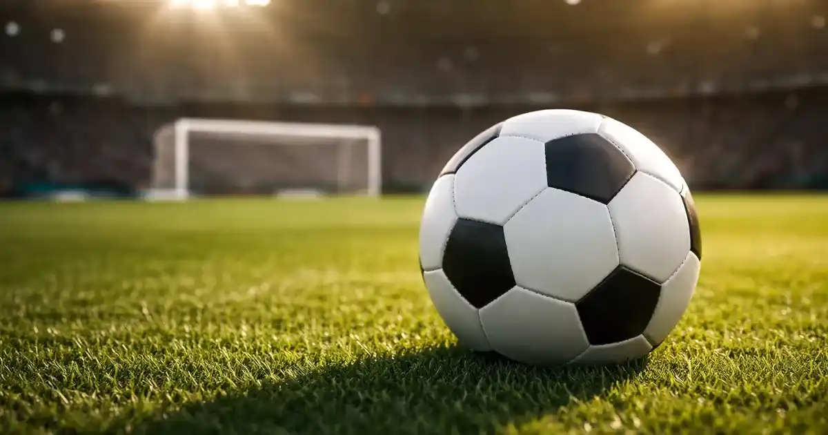 Balón de fútbol sobre césped verde con portería al fondo en estadio iluminado