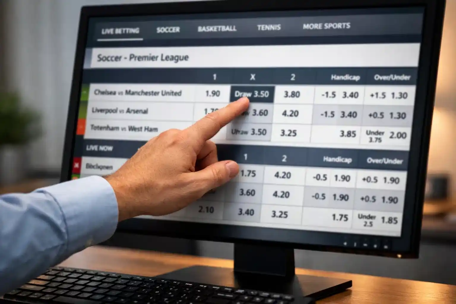Mano señalando opciones de apuestas deportivas en pantalla de ordenador