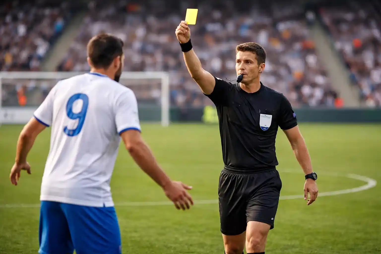 Árbitro de fútbol mostrando tarjeta amarilla a jugador en campo de hierba