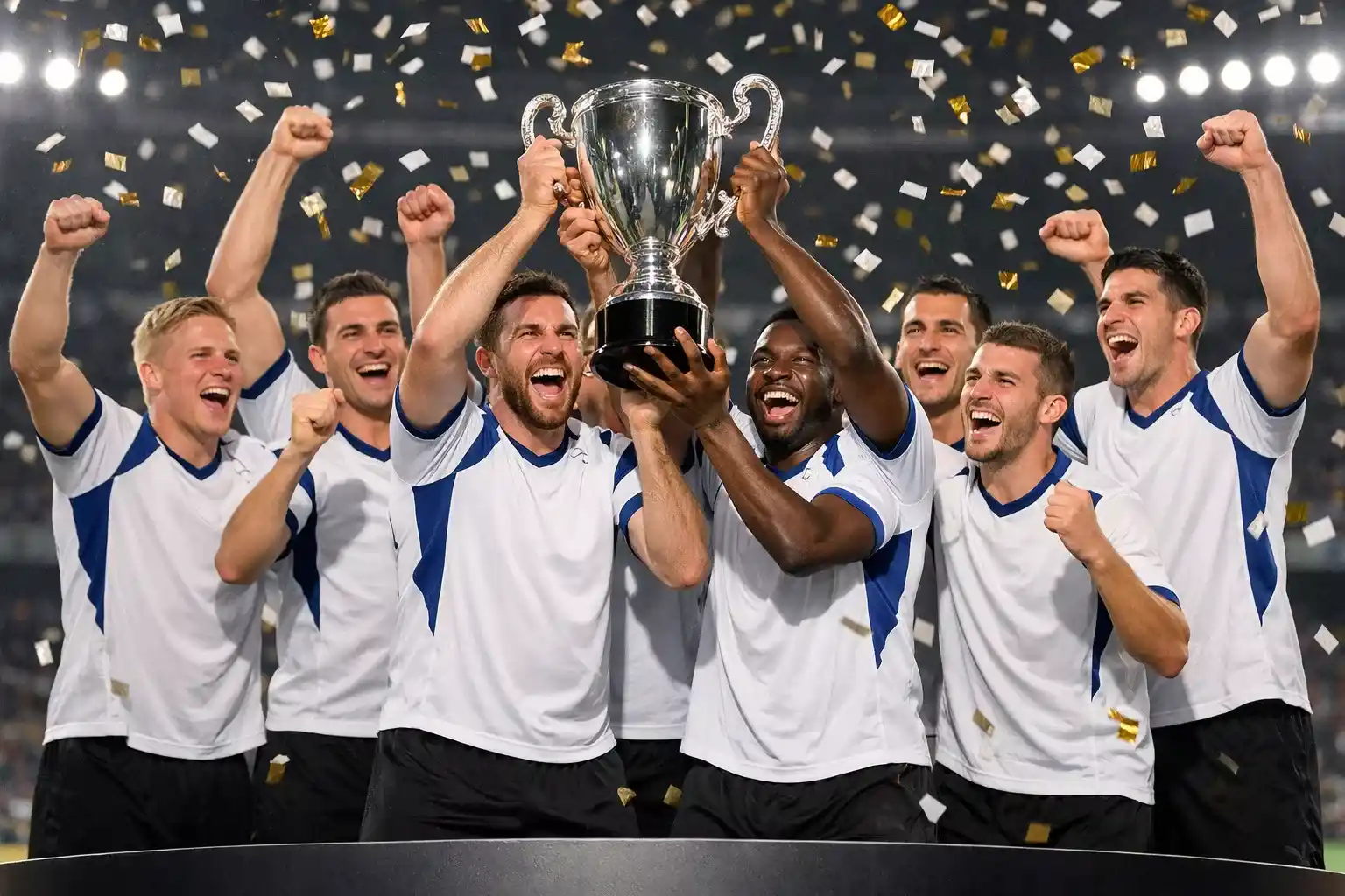 Equipo de fútbol celebrando trofeo de liga en ceremonia de premiación