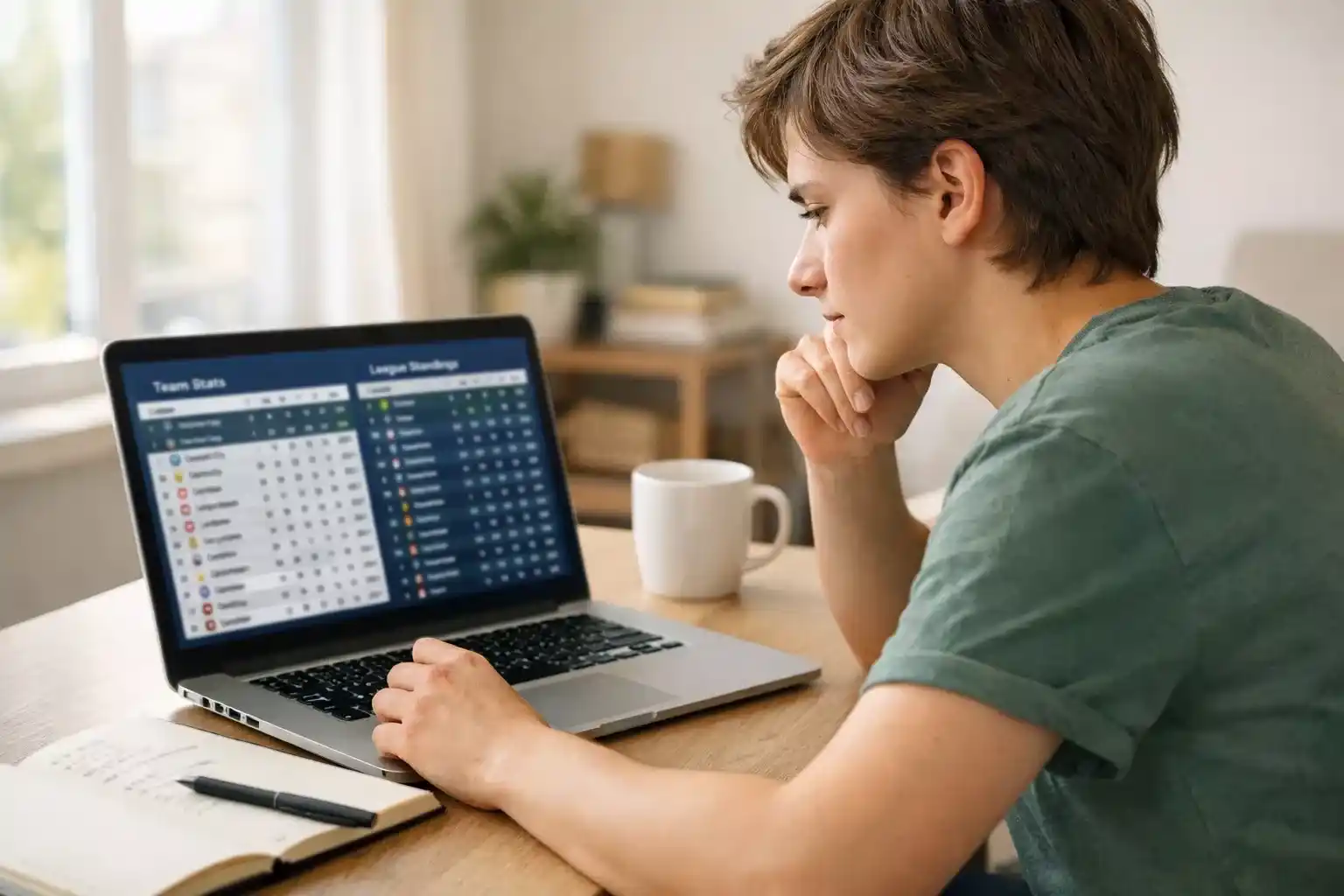 Persona joven estudiando estadísticas de fútbol en portátil para hacer pronósticos