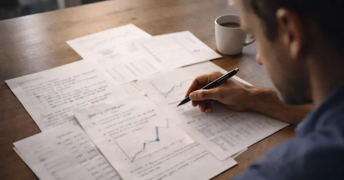 Persona analizando documentos con estrategias de apuestas deportivas en escritorio