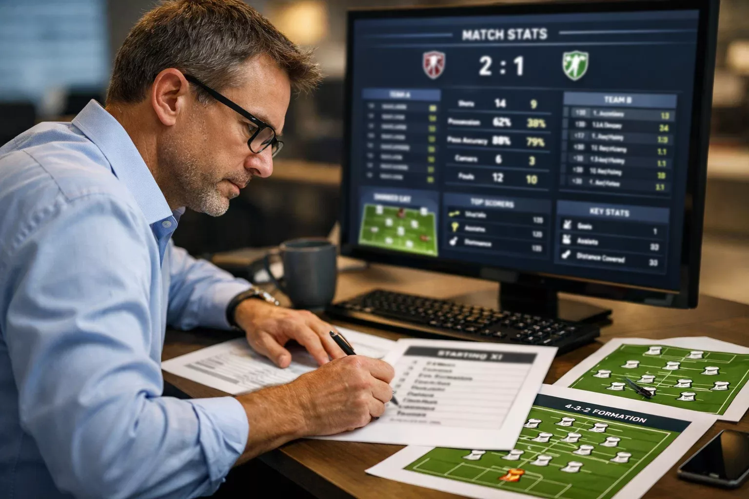 Analista deportivo revisando alineaciones y estadísticas de equipos de fútbol