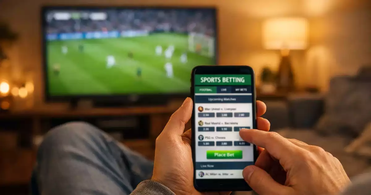 Persona usando aplicación de apuestas deportivas en smartphone con partido de fútbol de fondo