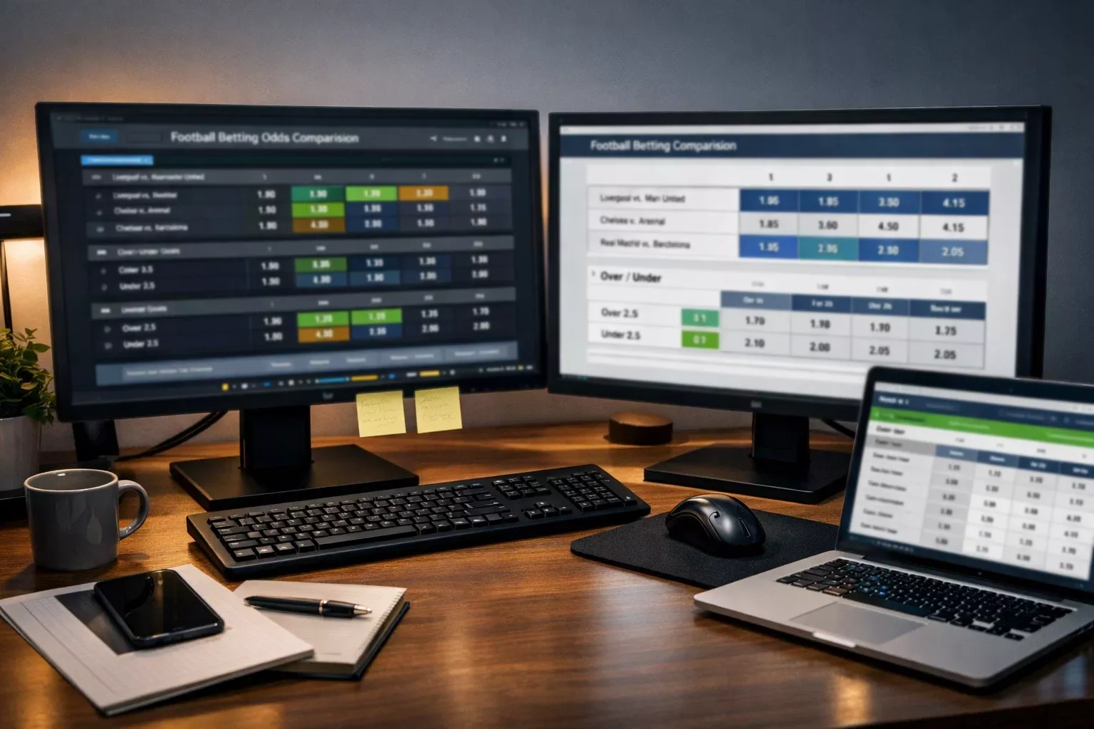 Comparación de cuotas de apuestas de fútbol en múltiples pantallas de ordenador