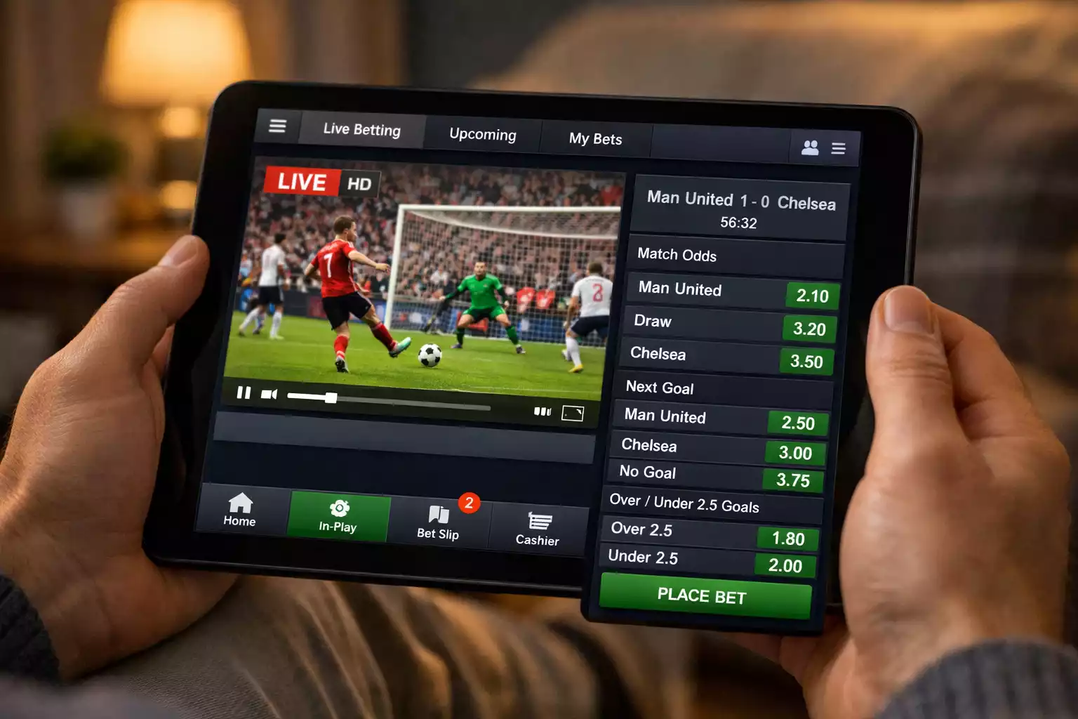 Función de streaming de partido de fútbol en plataforma de apuestas online