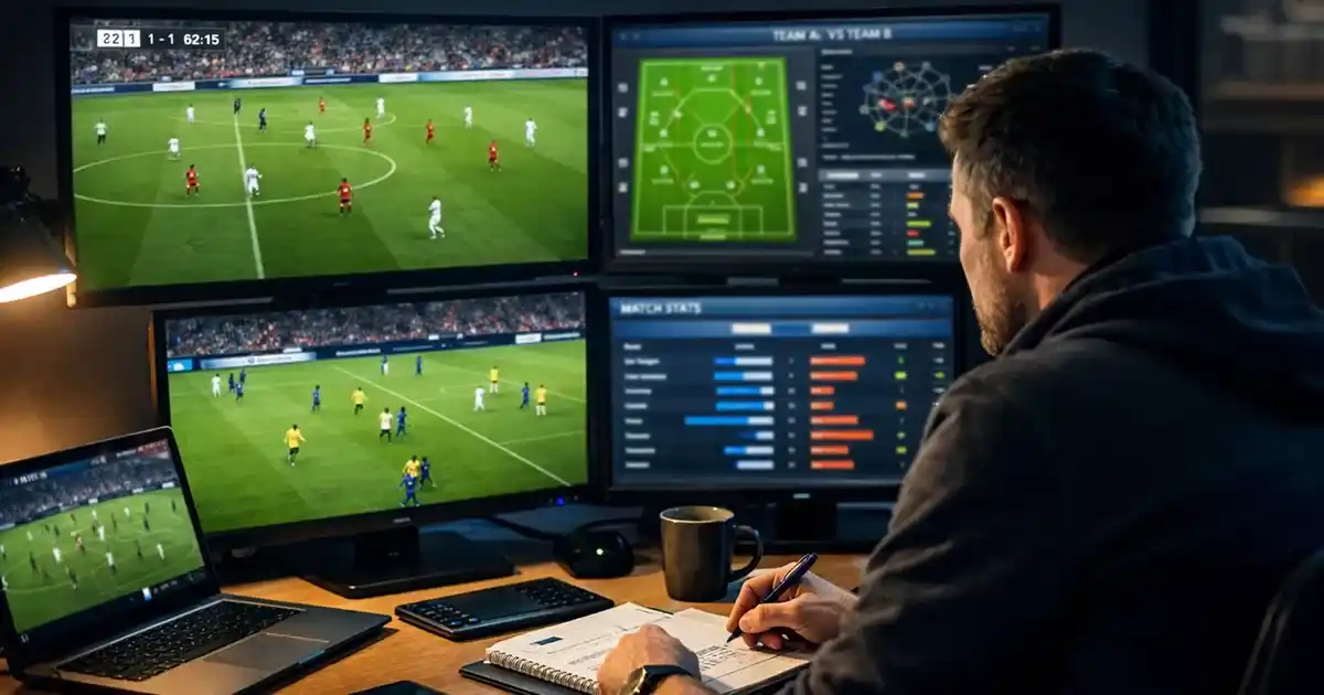 Analista de fútbol estudiando partidos en múltiples pantallas con estadísticas