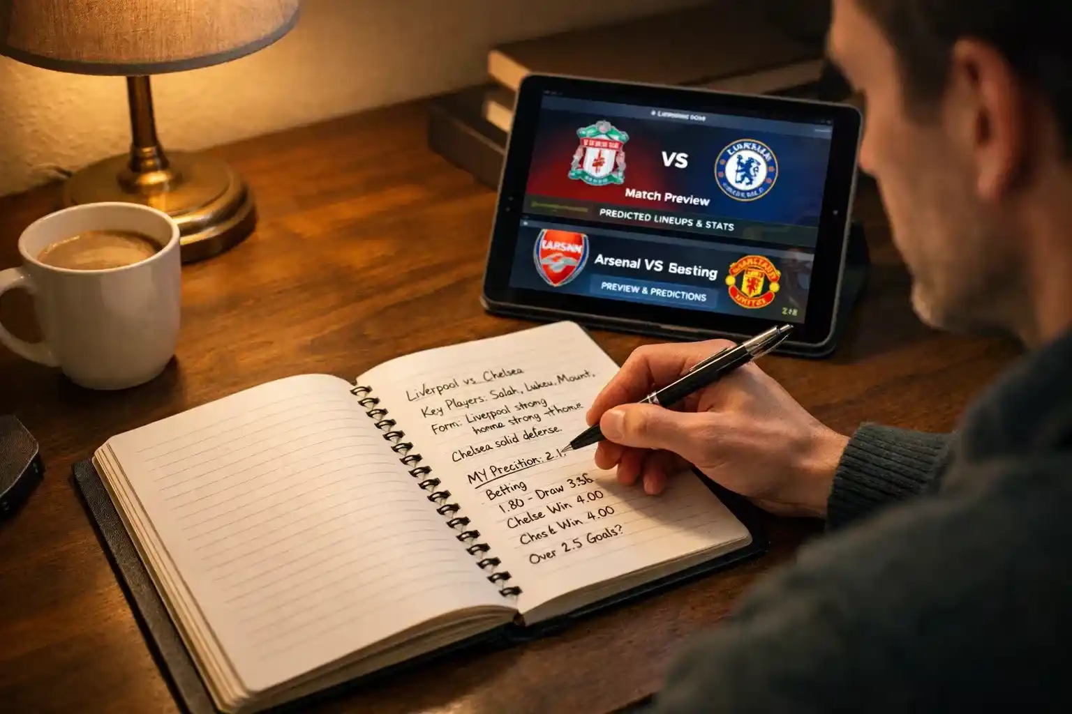 Persona tomando notas mientras analiza predicciones de partidos de fútbol