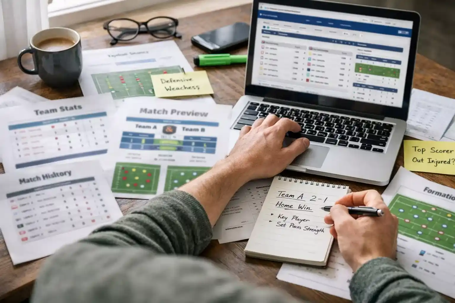 Persona creando sus propios pronósticos de fútbol con datos estadísticos
