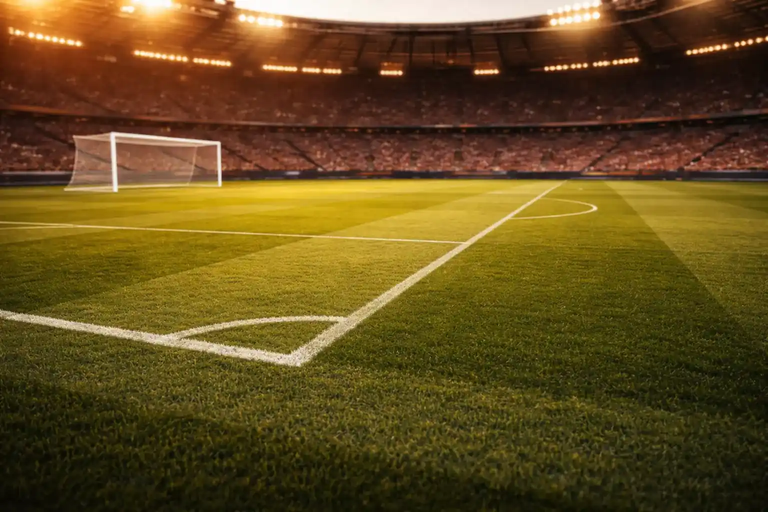 Campo de fútbol profesional con césped verde y líneas blancas marcadas