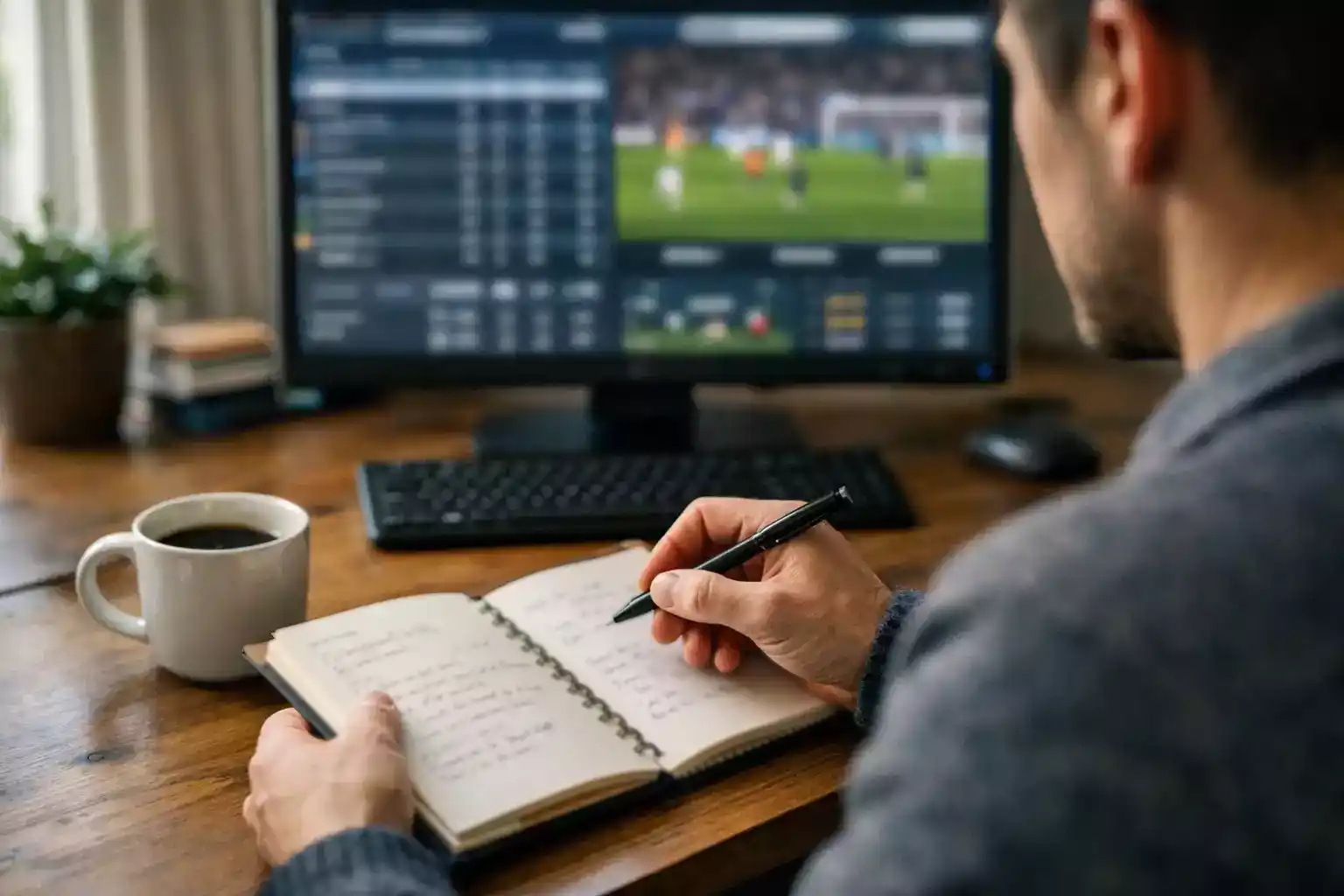 Persona analizando estadísticas de fútbol en una libreta junto a una pantalla